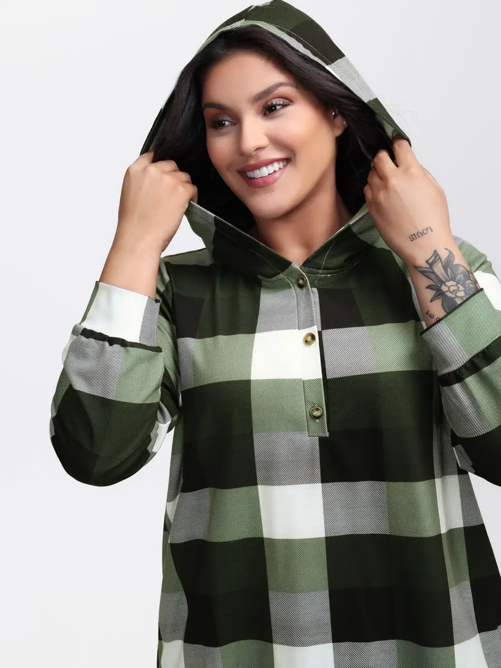 Checkered Print Button Hoodie