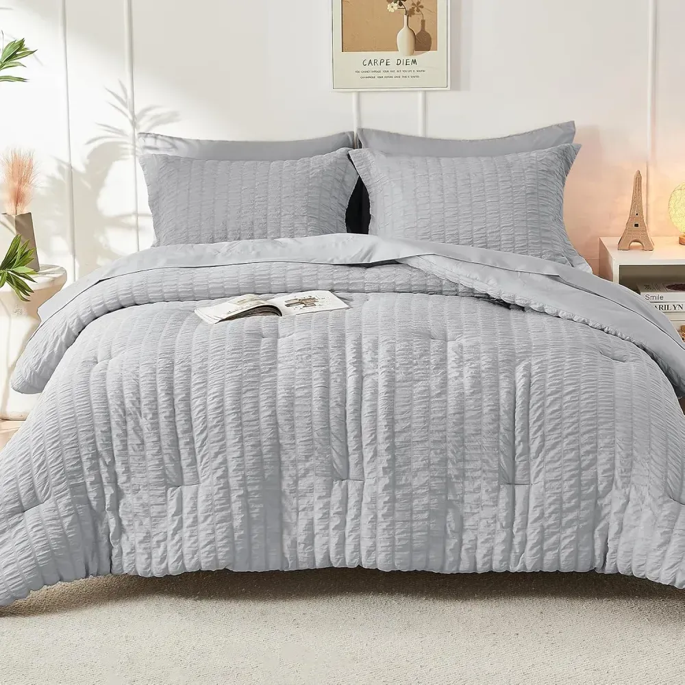 Queen Comforter Set Seersucker 7 Pieces, All Season Luxury Bed in a Bag for Bedroom, Bedding Set with Comforters, Sheets, Pillowcases & Shams, Dark Grey