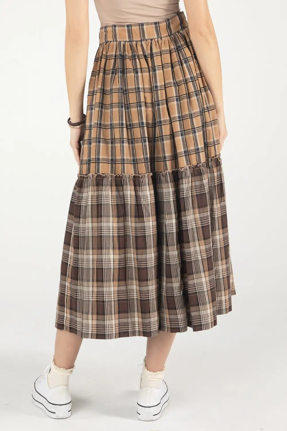 Mixed Plaid Midi Skirt