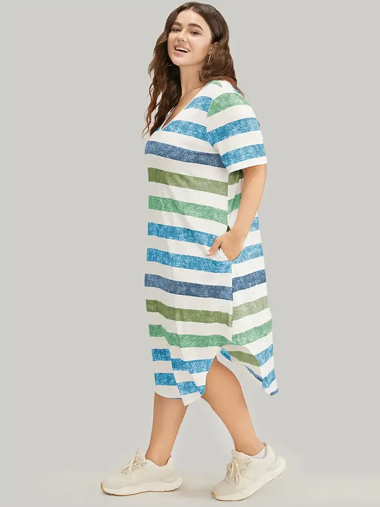 Striped Contrast Arc Hem V Neck Pocket Dress