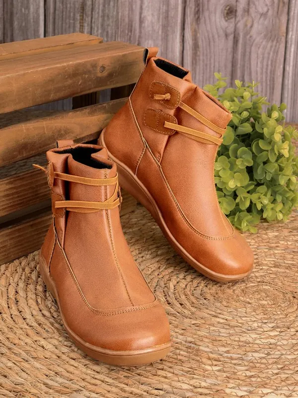 Vintage Women Casual Braided Strap Breathable Lether PU Flat Heel Classic Boots