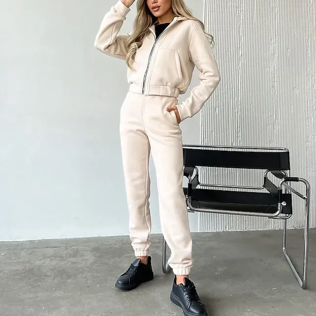 Women's Tracksuit Sweatsuit Pocket 2 Piece Solid Colored Hoodie and Pants Outfit Set Clothing Suit Fall Black White Jogging Training Exercise Thermal Warm Soft Moisture Wicking Long Sleeve Sport