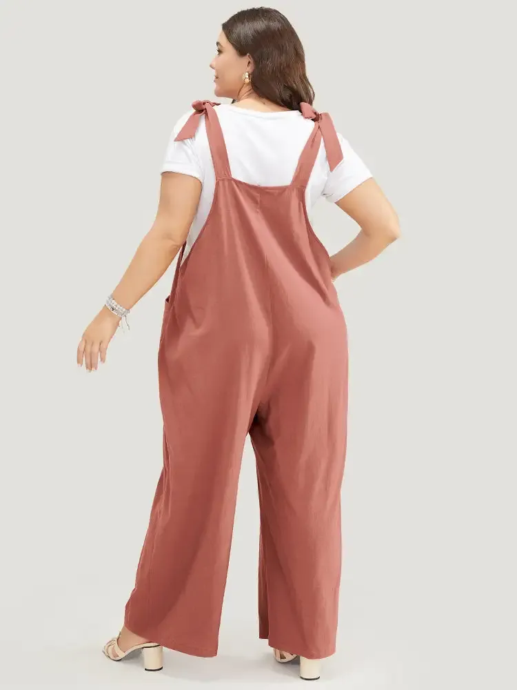 Solid Pleated Detail Pocket Knotted Shoulder Overall Jumpsuit