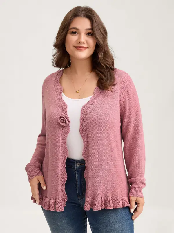 Supersoft Textured Floral Button Ruffled Hem Knit Cardigan