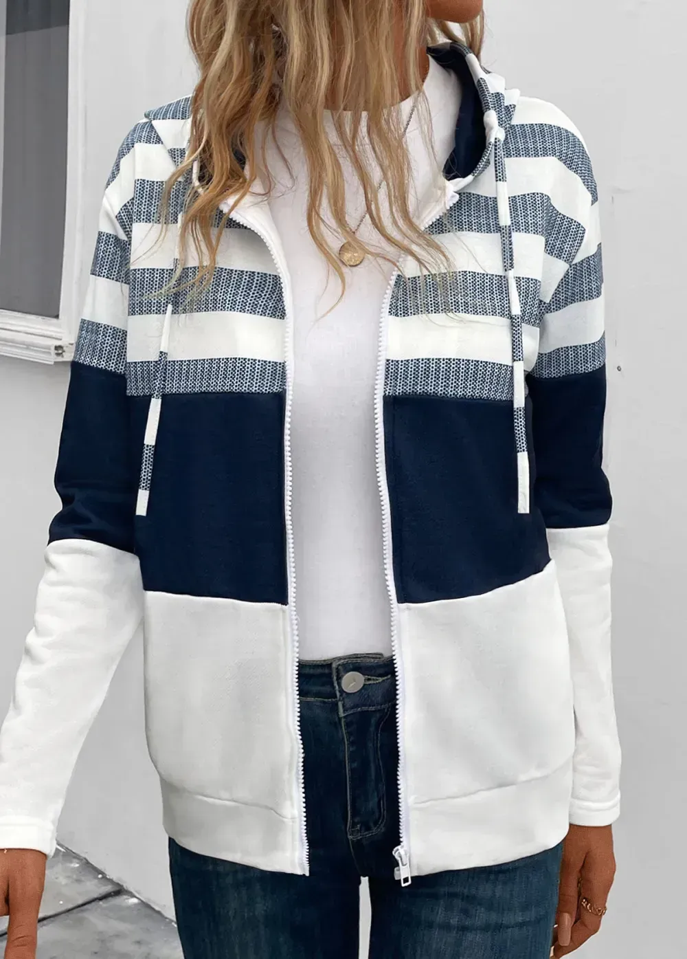 Navy Pocket Striped Long Sleeve Hooded Coat