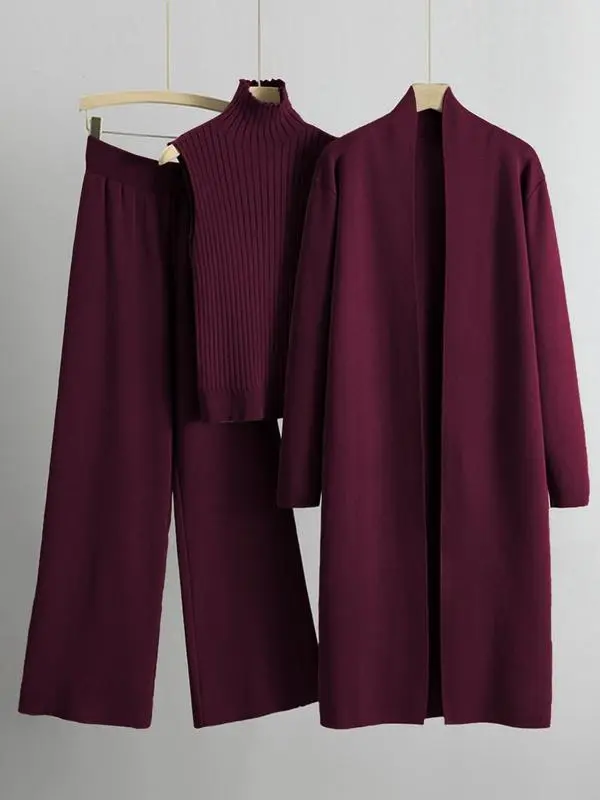 Trendy Knit Turtle Neck Tank & Wide Leg Trousers With Open-Front Long Cardigan Three-Piece Sets