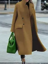 Women's Winter Coat Coat Cloak / Capes Windproof Warm Pocket Casual Street Style Plain Vacation Work Street Daily Wear Single Breasted Turndown Loose Fit Long Sleeve Outerwear Red Blue Green Fall