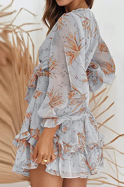 Fashion Elegant Floral Flounce Strap Design V Neck Dresses