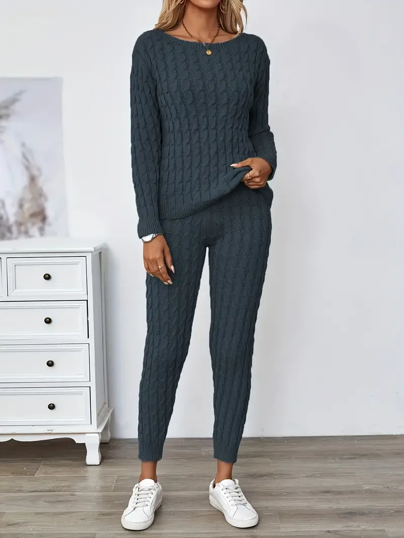 Solid Knitted Matching Two-piece Set, Casual Long Sleeve Sweater & Pants Outfits, Women's Clothing