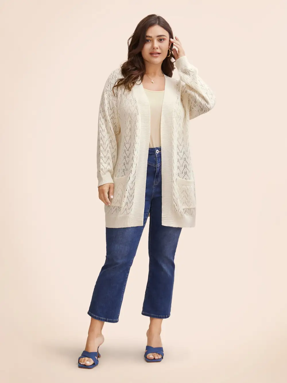 Kimono Collar Patch Pocket Pointelle Knit Cardigan