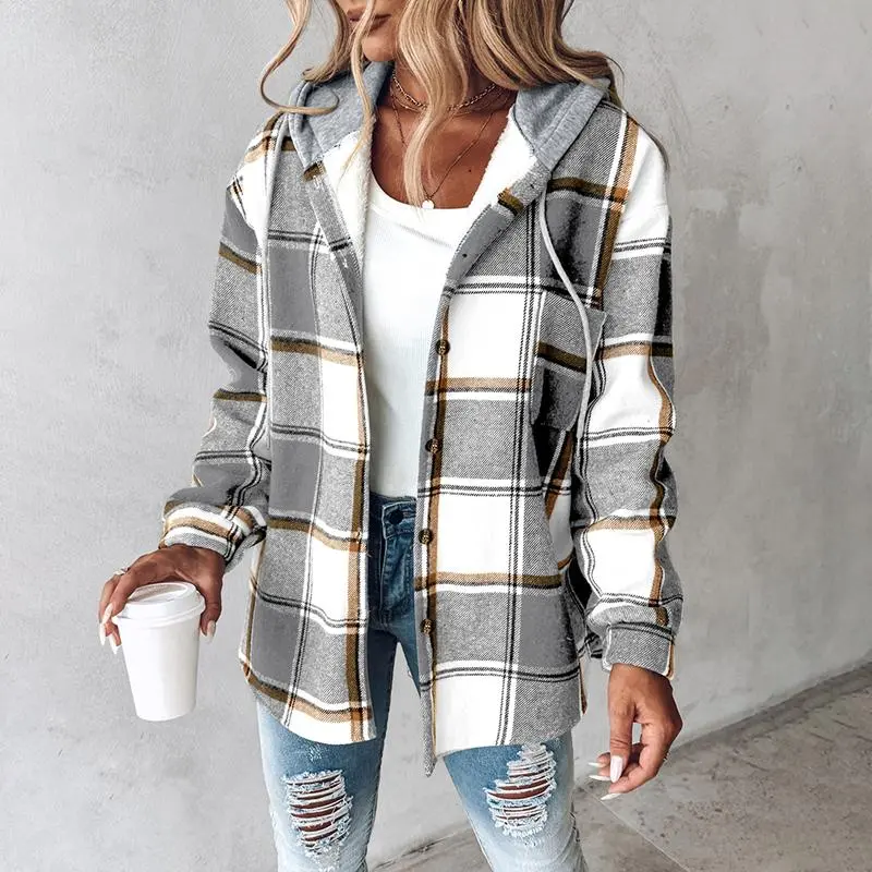 Women’s Plaid Hooded Shacket – Fleece-Lined Winter Jacket