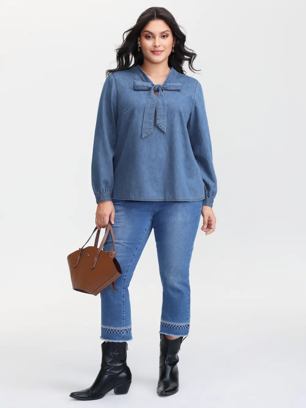 Adjustable Tie Collar Denim Top