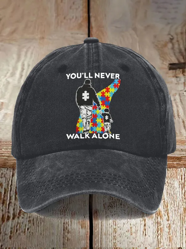 Retro Autism Awareness Dad And Son You'Ll Never Walk Alone Print Baseball Cap