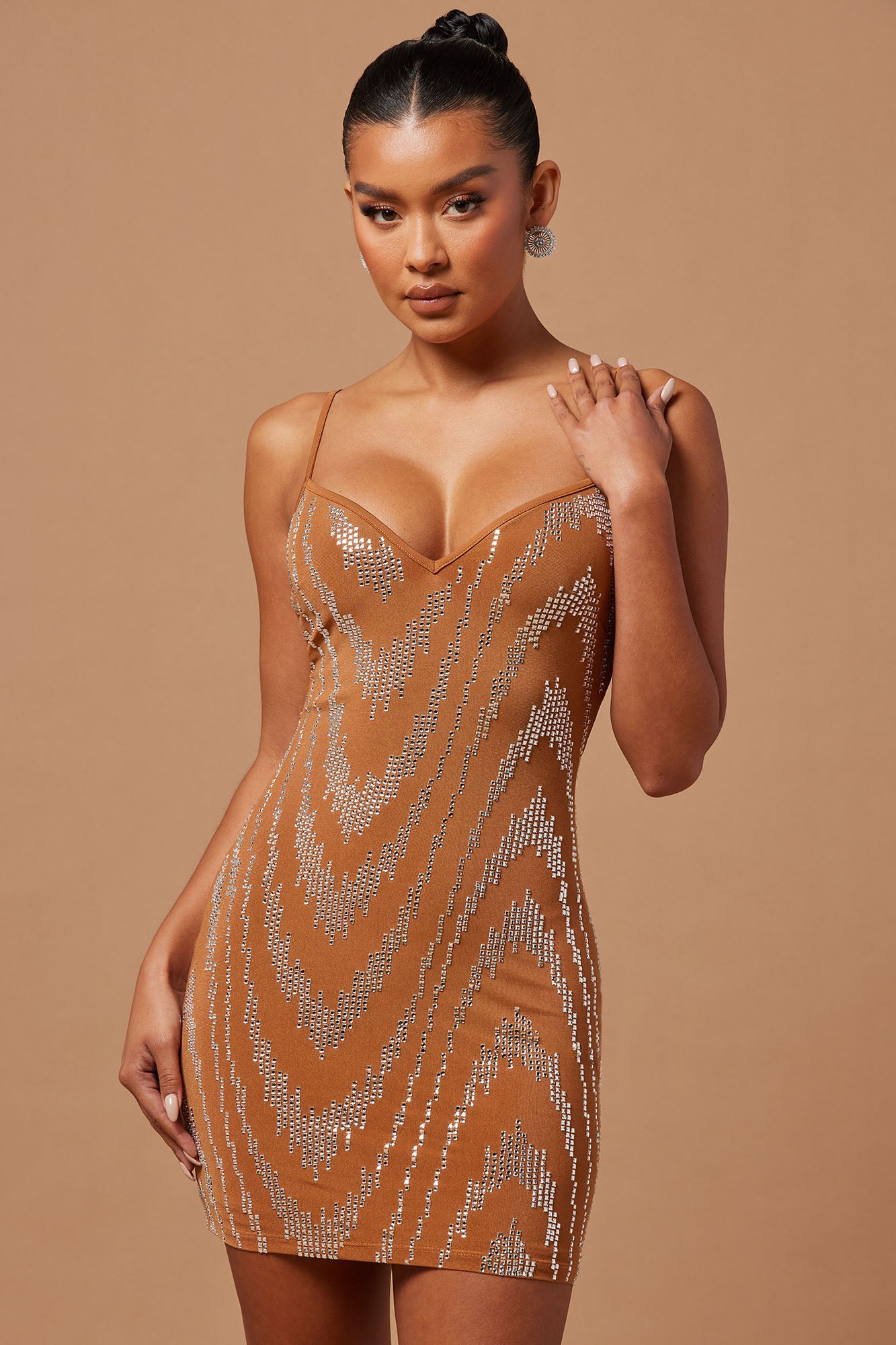 Blaire Embellished Mini Dress - Cognac