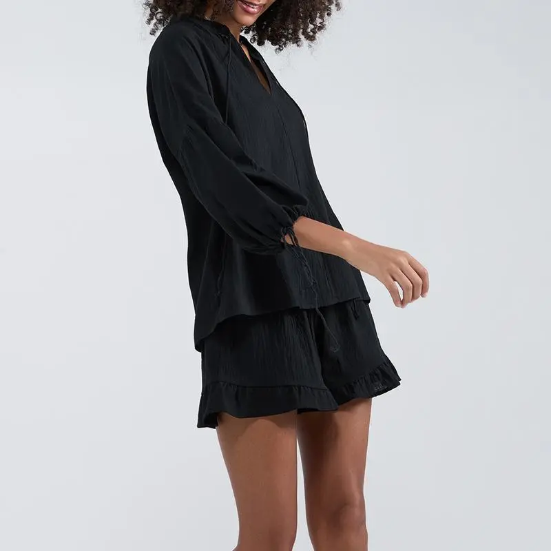 Women's Solid Color V-Neck Tie Top & Elastic Waist Shorts 2-Piece Summer Set