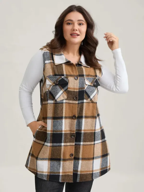 Plaid Flap Detail Sleeveless Jacket