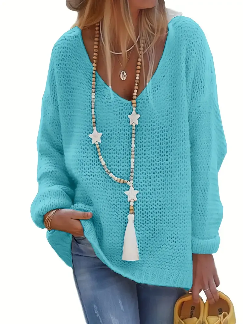 Cozy V-Neck Pointelle Knitted Sweater - Soft, Long Sleeve, Casual, Fall & Winter Essential - Women's Comfortable Clothing for Chilly DaysCozy V-Neck Pointelle Knitted Sweater - Soft, Long Sleeve, Casual, Fall & Winter Essential - Women's Comfortable Cloth