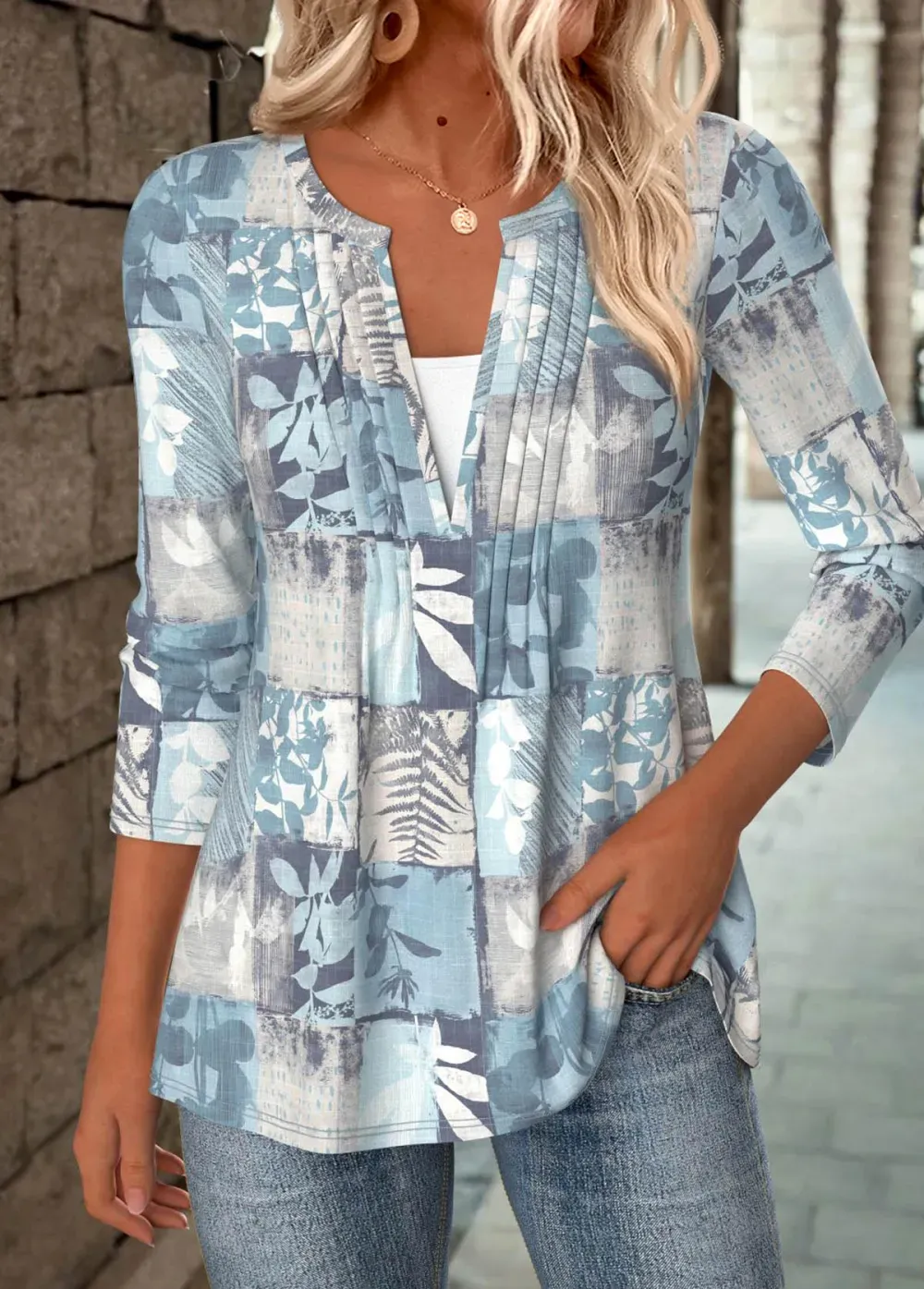 Dusty Blue Tummy Coverage Leaf Print T Shirt