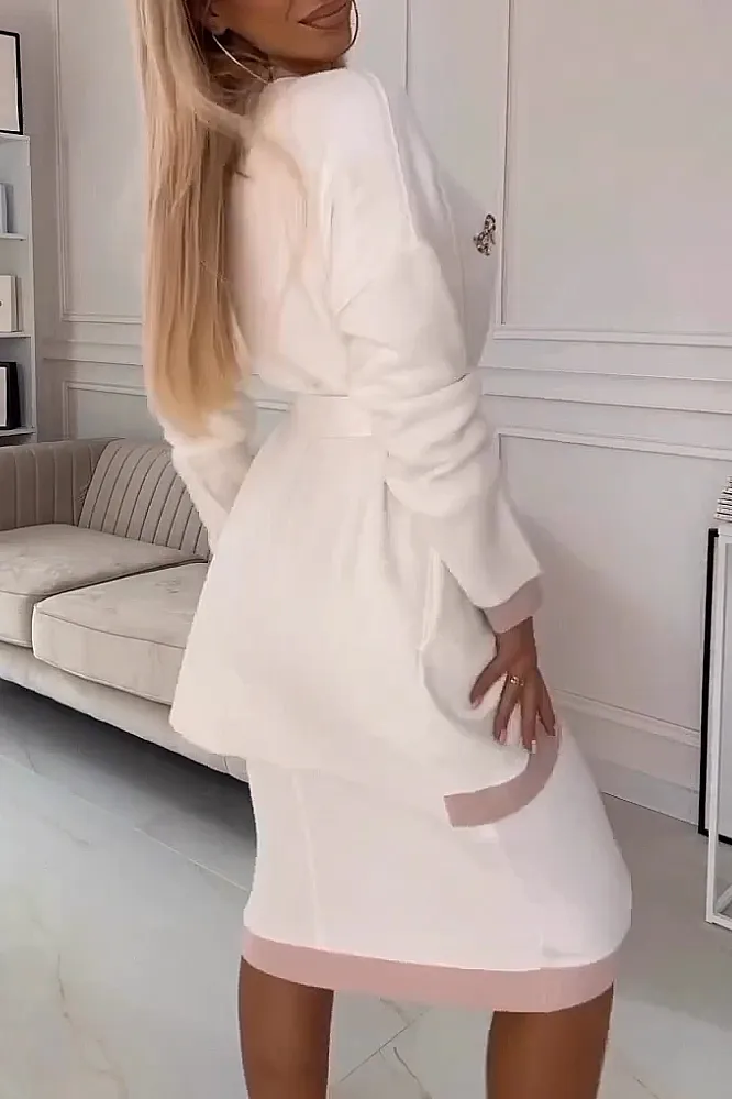 Women's contrasting V-neck jacket and two-piece dress set