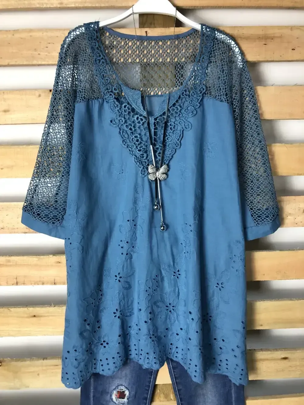 Woman Fashion Openwork Lace Shirt Tops Blouse