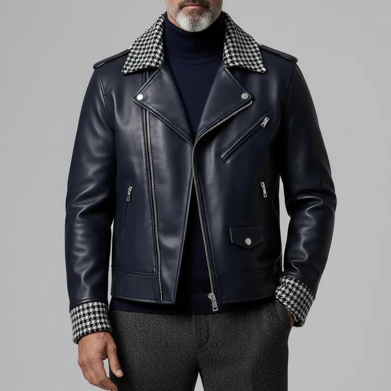 Men's Navy Blue PU Leather Houndstooth Pattern Patchwork Lapel Long Sleeve Zipper Biker Jacket