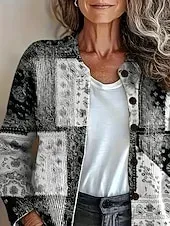 Women's Cardigan Daily Floral Graphic Paisley Ribbed Crew Neck Floral Buttons Print Long Sleeve Regular Tops Knit Outdoor Weekend Gray Fall Winter