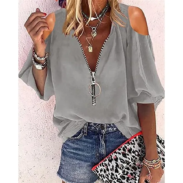 Blouse Women's Solid / Plain Color Hollow Out Zipper Off Shoulder Daily Going out Modern S