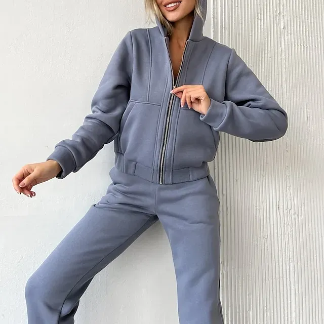 Women's Tracksuit Sweatsuit Pocket 2 Piece Solid Colored Hoodie and Pants Outfit Set Clothing Suit Fall Black White Jogging Training Exercise Thermal Warm Soft Moisture Wicking Long Sleeve Sport