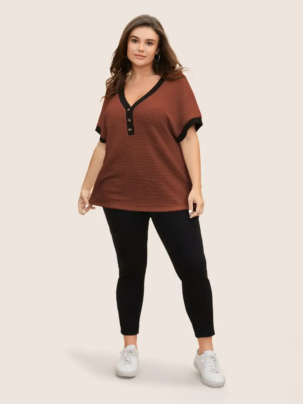 V Neck Contrast Button Detail Knit T-Shirt