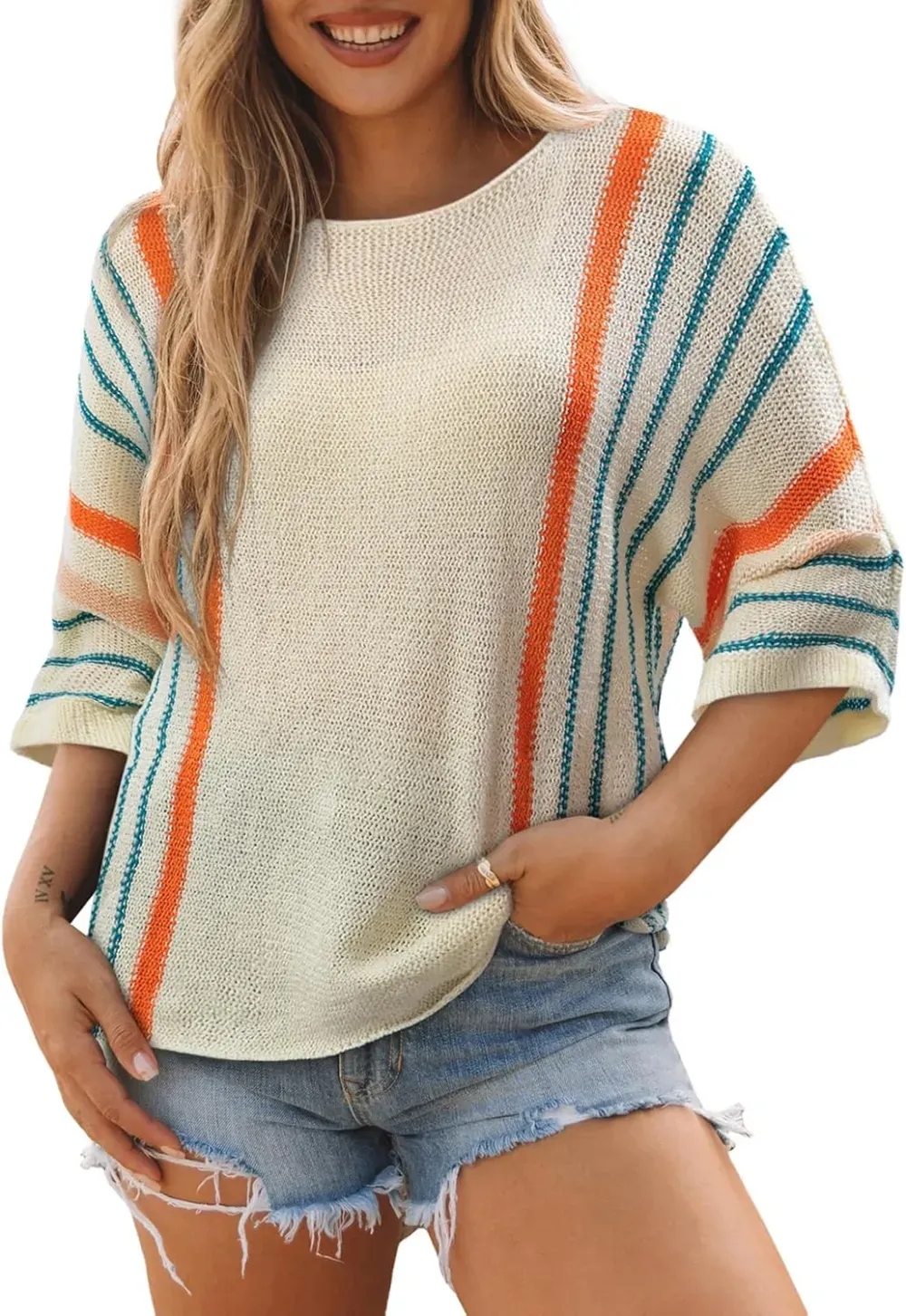 ✨Hot Sale-Women's Casual Color Block Striped Cable Knit Boho Sweater