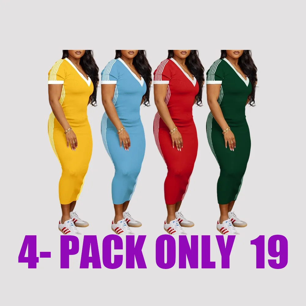 Women’s Striped Trim V-Neck Dress – Casual Short Sleeve Outfit