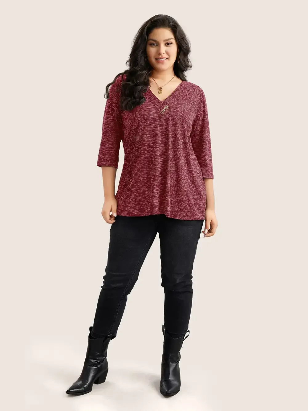 Heather Pleated Button Detail T-Shirt