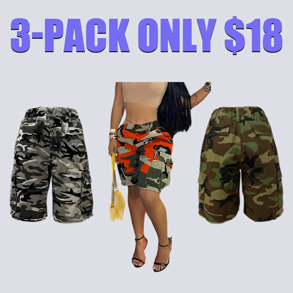 Women's Camo Print Straight-Leg Shorts with Pockets-Raw Hem, Elastic Waist