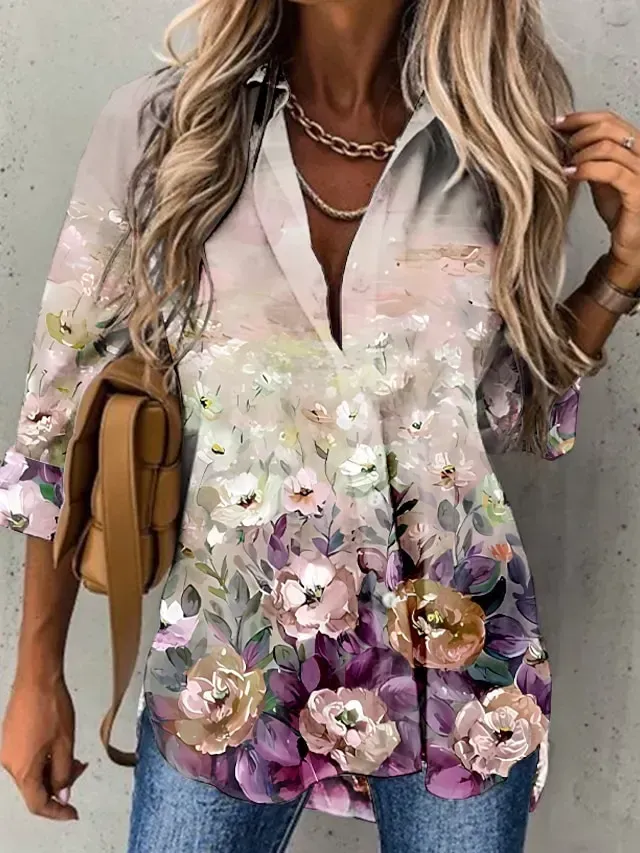 Women's Shirt Blouse Pink Blue Purple Floral Button Print Long Sleeve Casual Holiday Basic Shirt Collar Regular Floral S