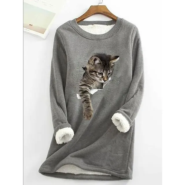 Women's Plus Size Sweatshirt Pullover Cat Teddy Sherpa Fleece Denim Blue Black White Street Casual Round Neck Long Sleeve Top Micro-elastic Fall & Winter
