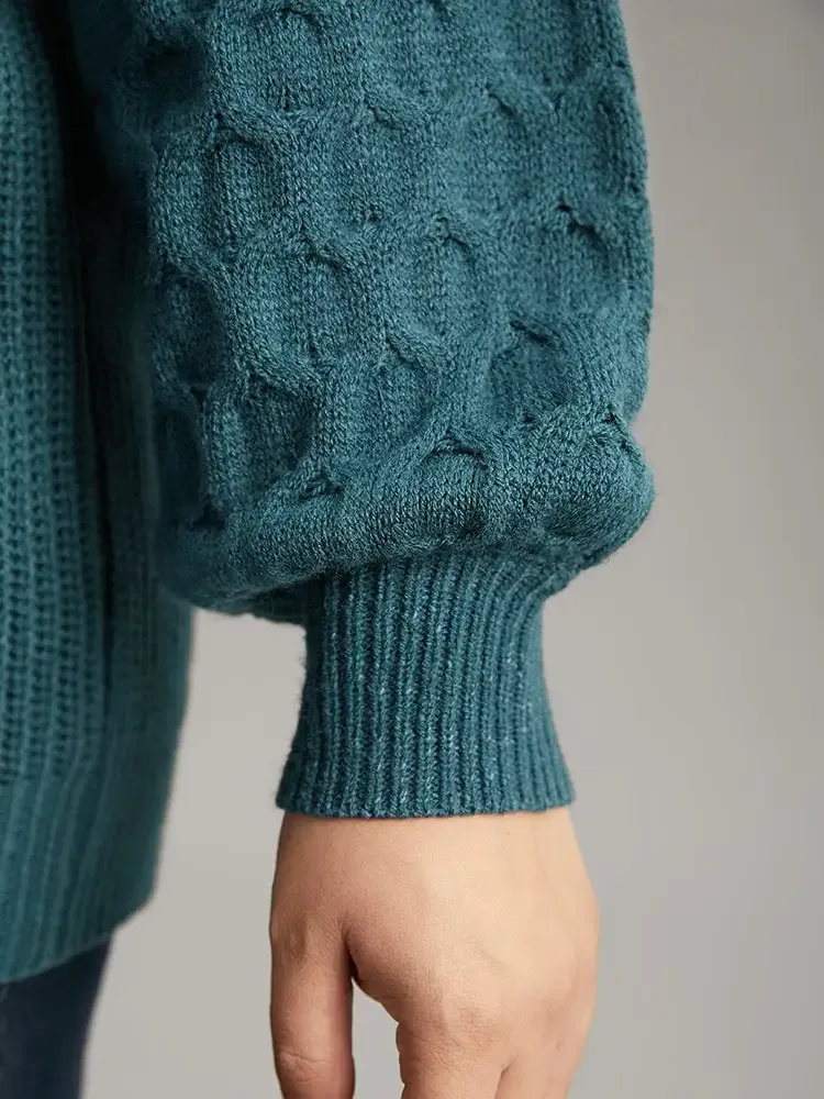 Solid Cable Knit V Neck Drop Shoulder Pullover