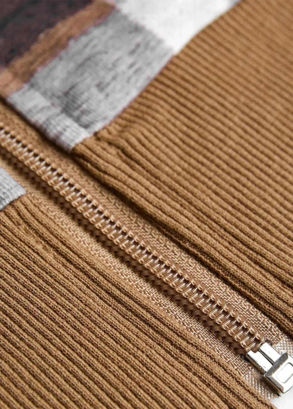 Dark Coffee Zipper Plaid Long Sleeve Stand Collar Jacket