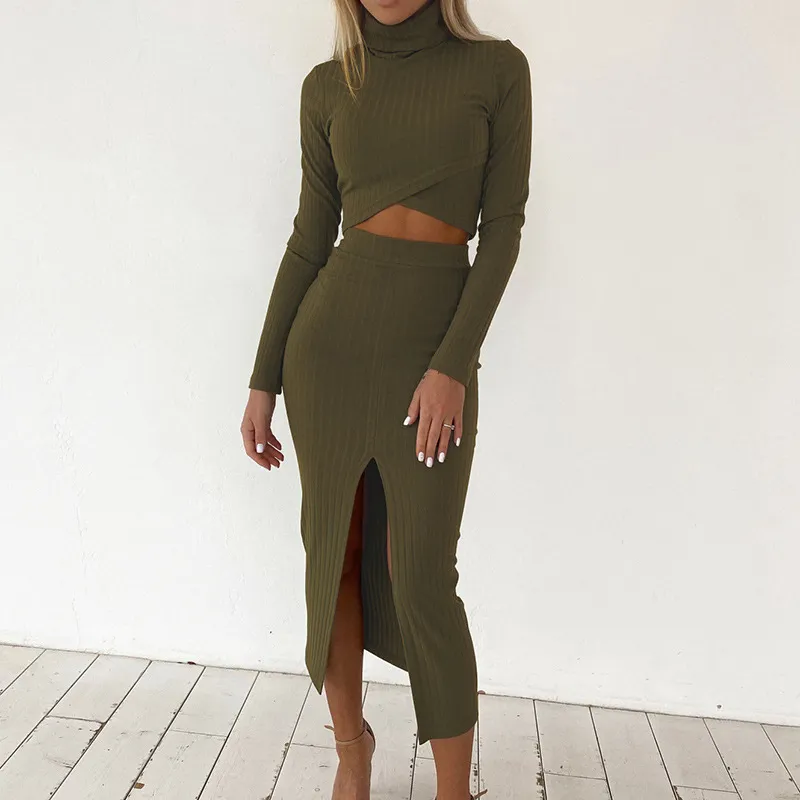 High neck long sleeve T-shirt high waist split skirt casual suit