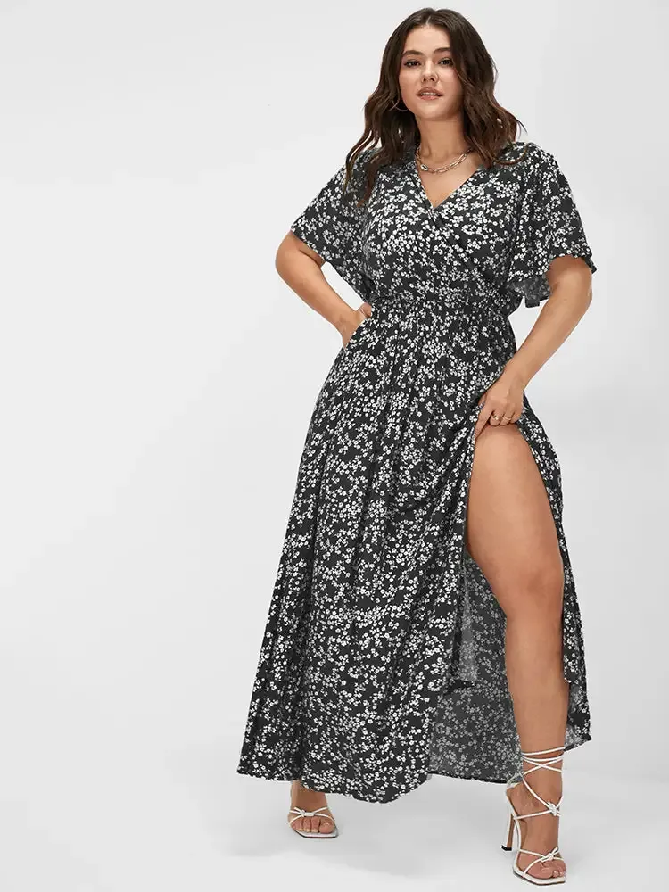 Bloom Dress - Flutter Sleeve Ditsy Floral Pocket Split Maxi Dress