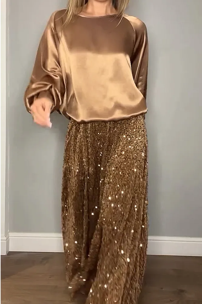 Women's fashion satin top and sequined skirt two-piece set