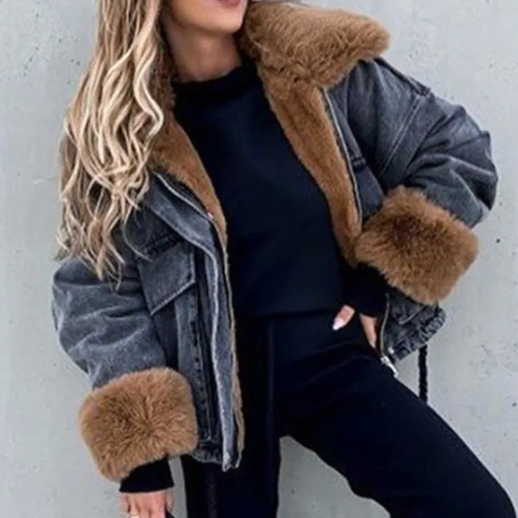 Winter Faux Fox Fur Collar Jacket Denim Women Elegant Big Pockets Jacket