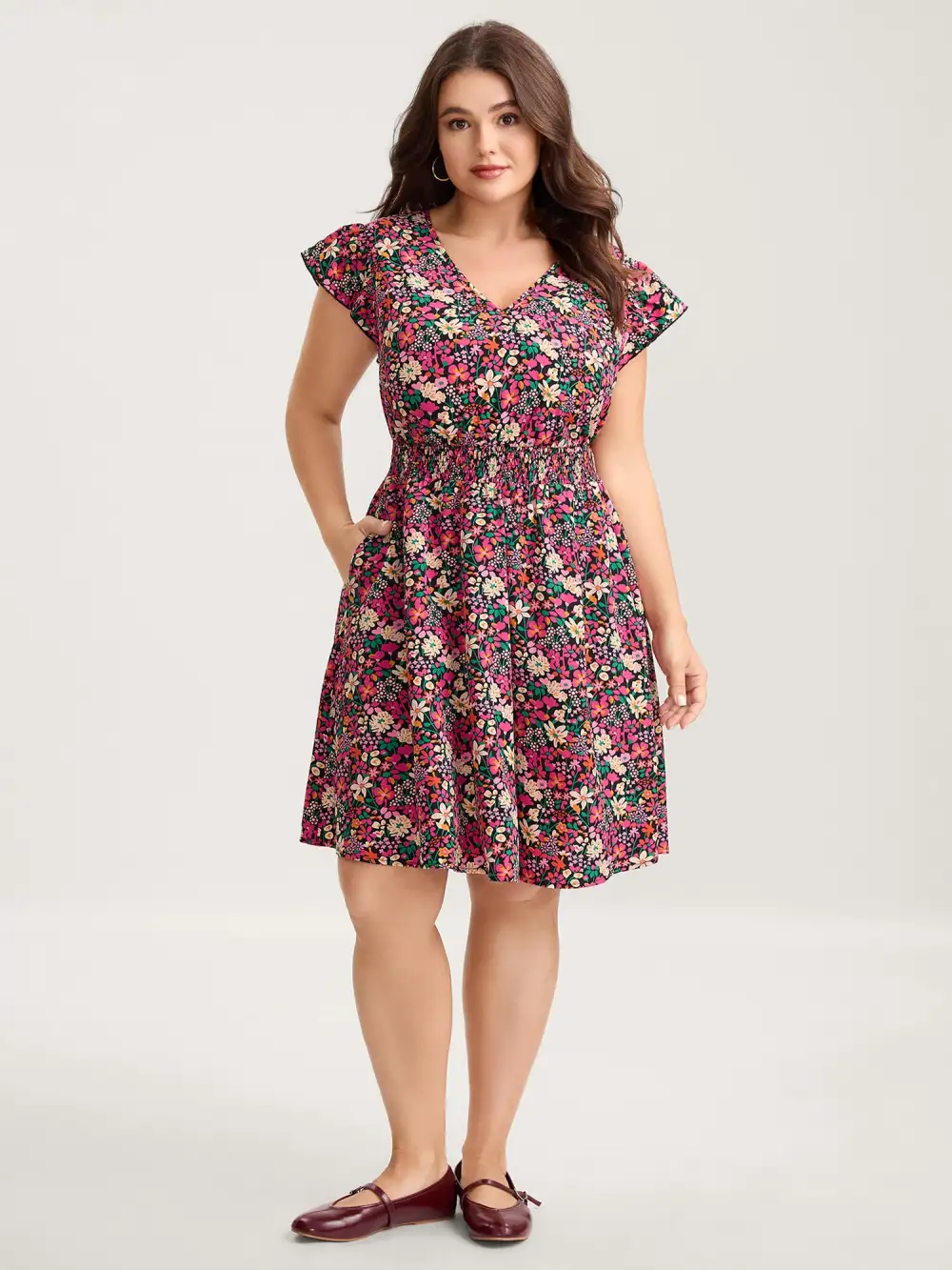 Floral Print Shirred Waist Ruffled Midi Dress