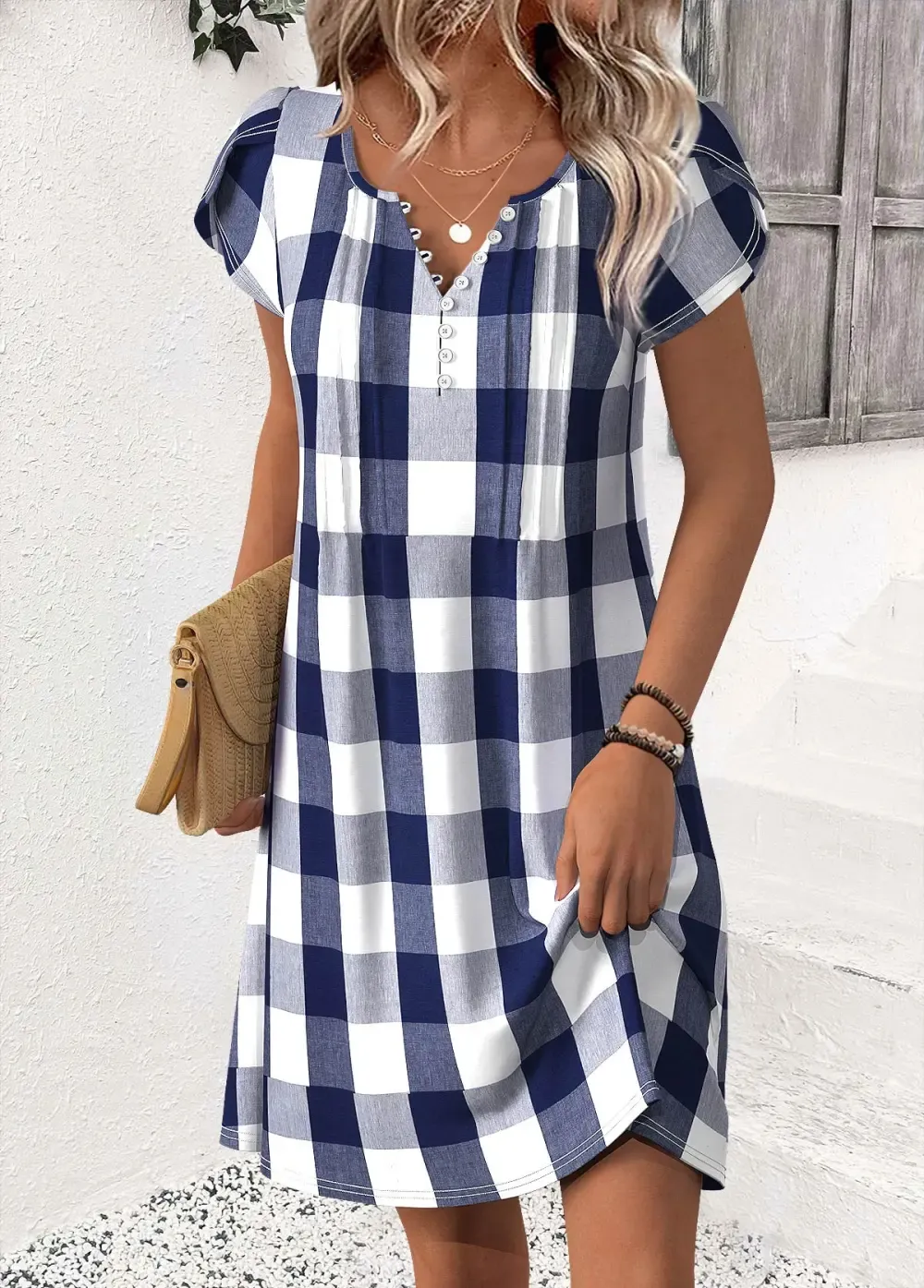 Blue Plaid Short Split Neck Dress