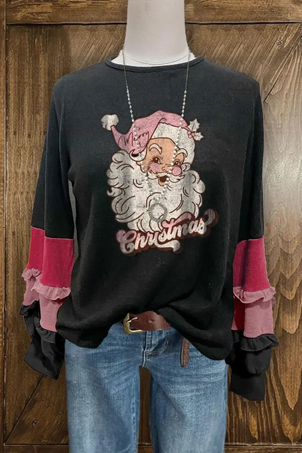 Colorblock Christmas Santa Print Ruffled Sweatshirt