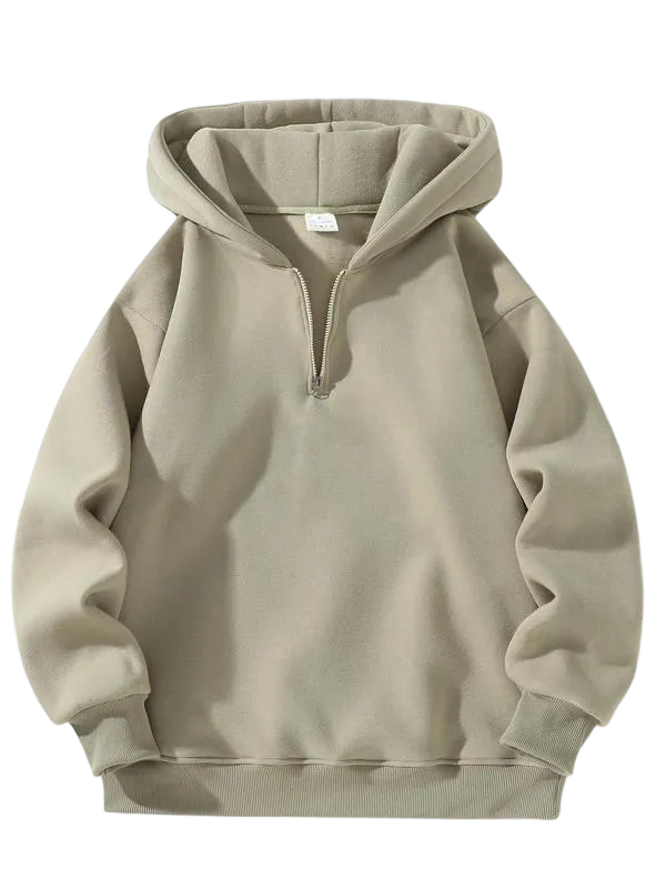 Men's half-zip hoodie: plain, drop shoulder, regular/relaxed fit, long-sleeve fleece