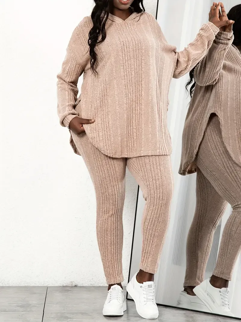 【Plus Size】 Plain Split Curved Hem Hoodie & Leggings Lounge Two-piece Set, Casual Fashion Cozy Breathable Two Piece Outfits for Daily Home Wear