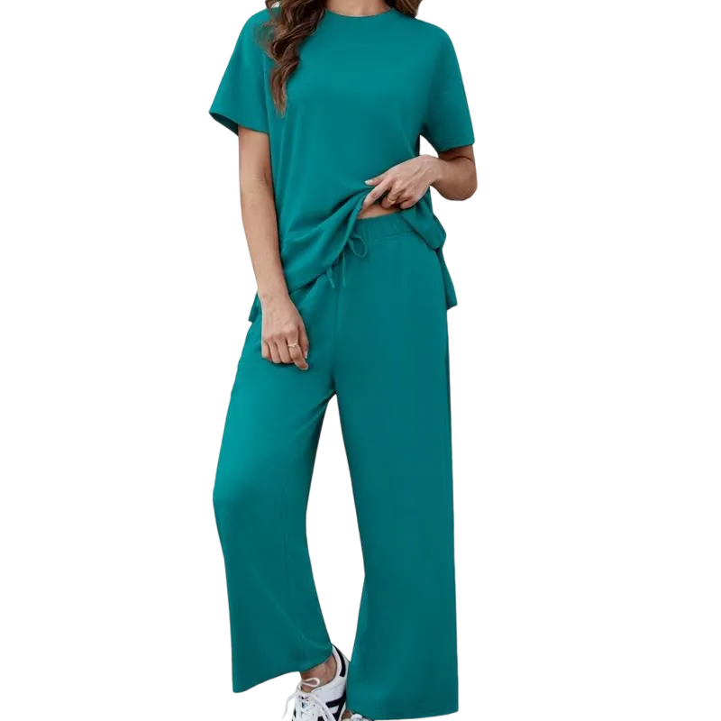 2 Piece Tracksuit for Womenswear Soft Short Sleeve Outdoor Wide Adjustable Leg Pockets Pants Lounge Matching Travel