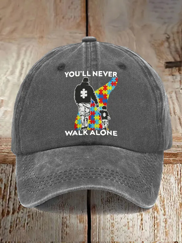 Retro Autism Awareness Dad And Son You'Ll Never Walk Alone Print Baseball Cap