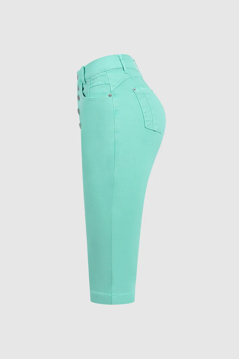 Solid Button Fly High Waist Capri Jeans