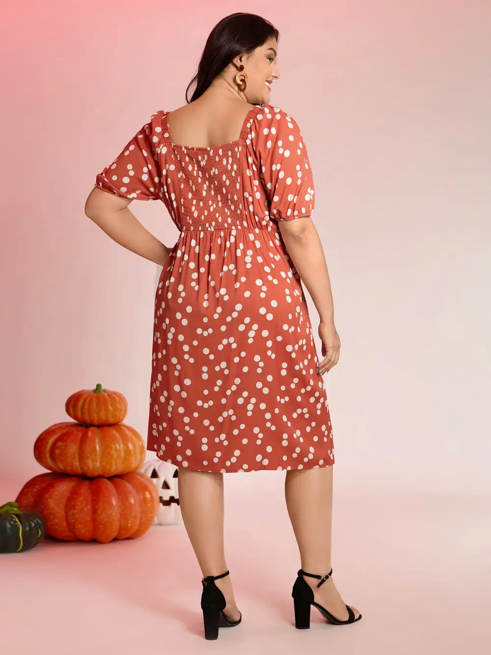 Polka Dots Gathered Bust Pockets Midi Dress